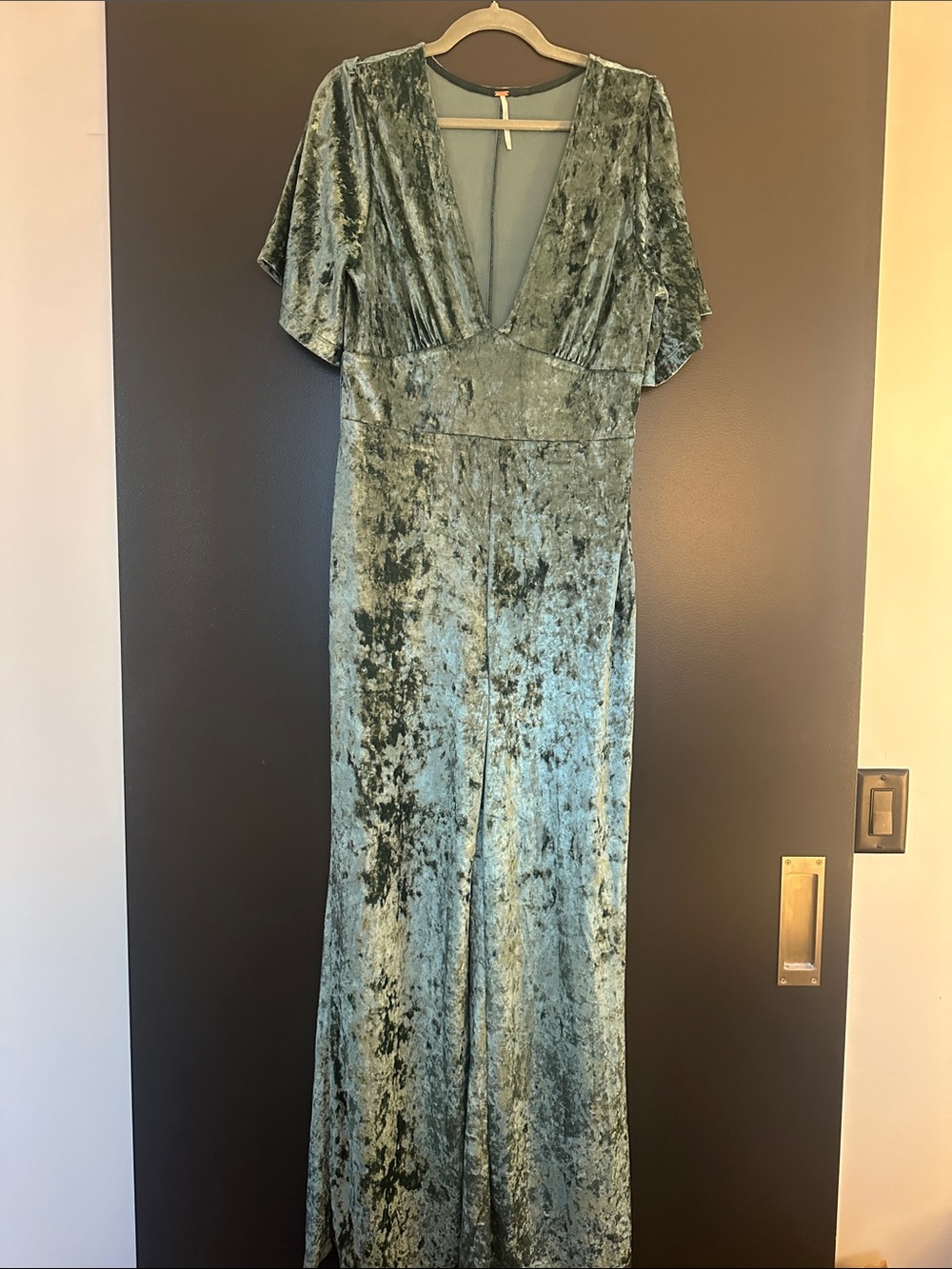 Free People Crushed Velvet Deep V Jumpsuit in Sage